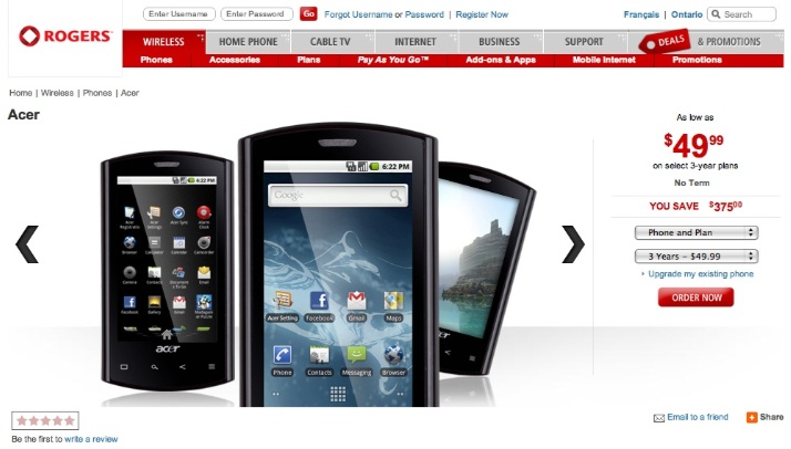 Android-powered Acer Liquid E officially available at Rogers