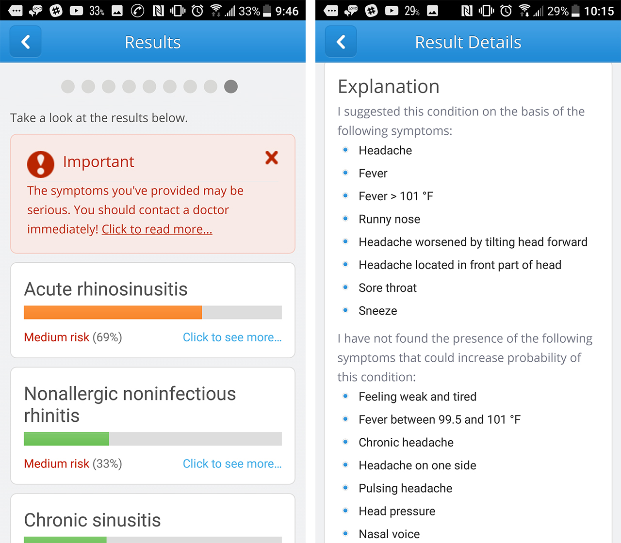 symptomate screenshot with resutls