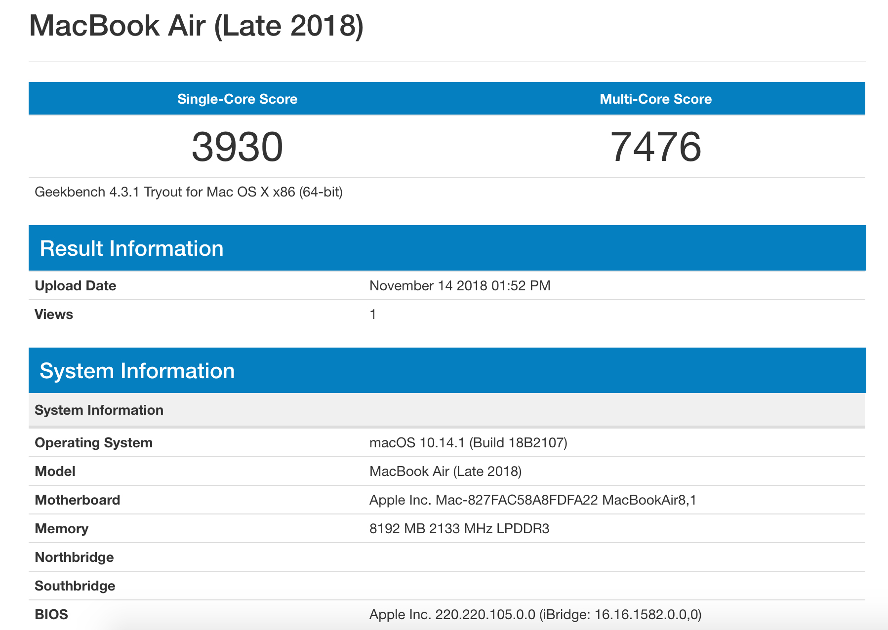 MacBook Air 2018 Geekbench score