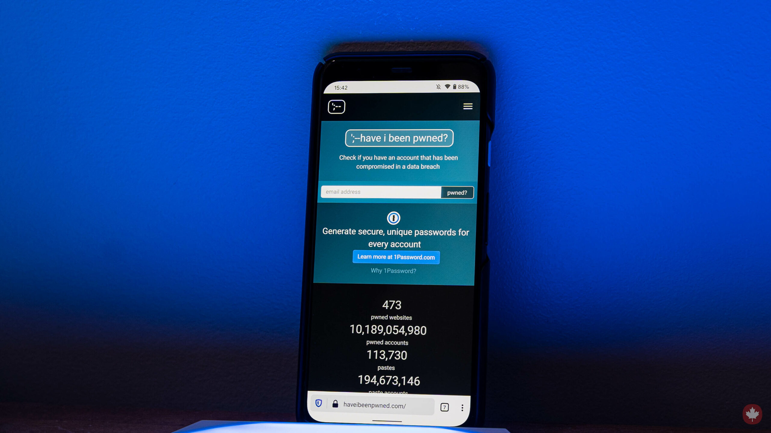 Have I Been Pwned website on Android