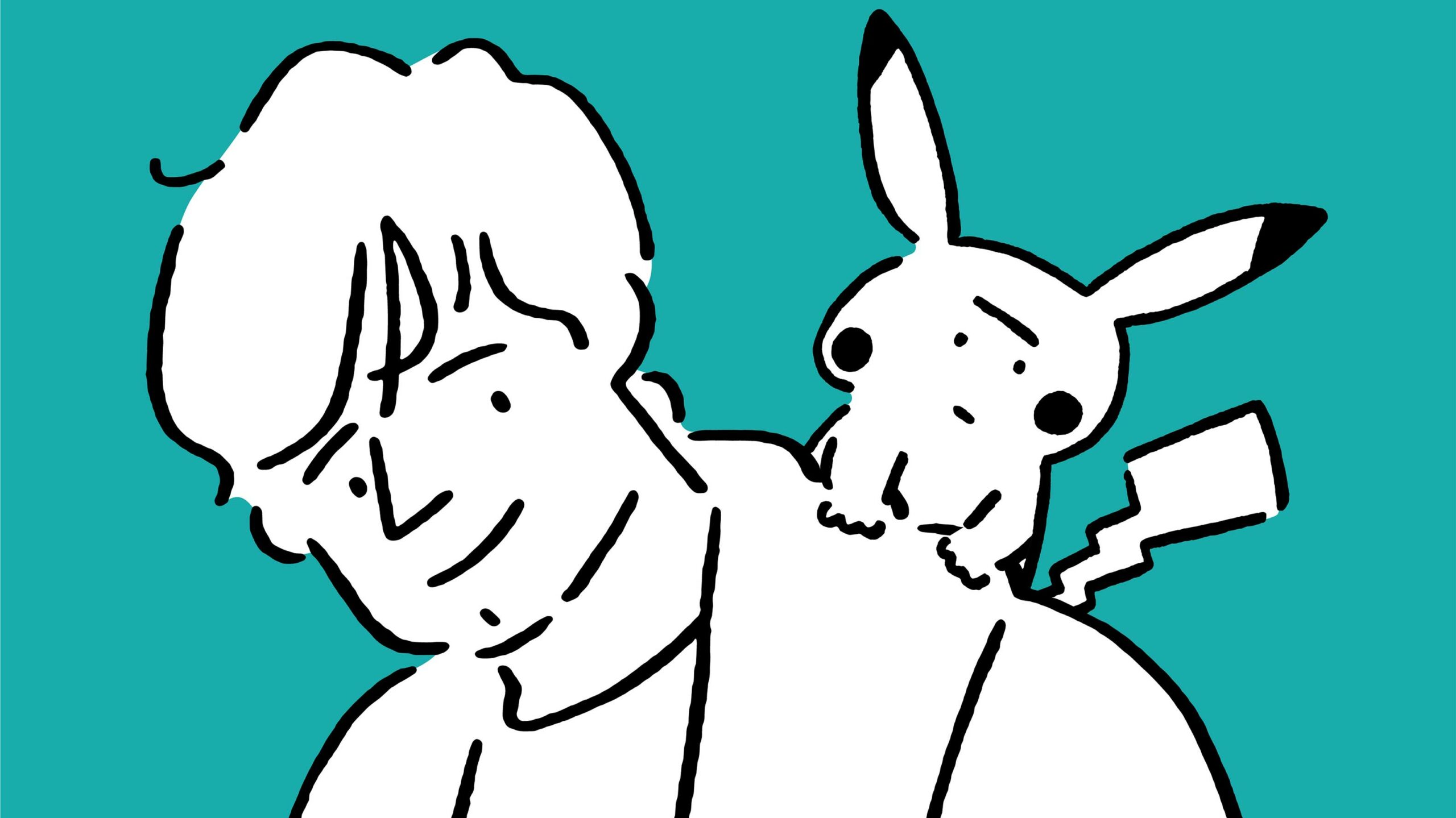 A doodle of Ed Sheeran with a Pikachu on his shoulder