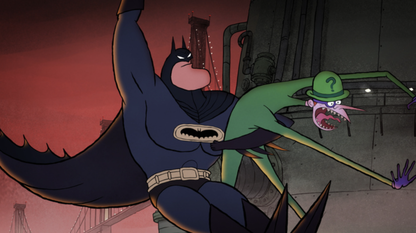 Cartoon Batman swinging around with cartoon Riddler in hand.