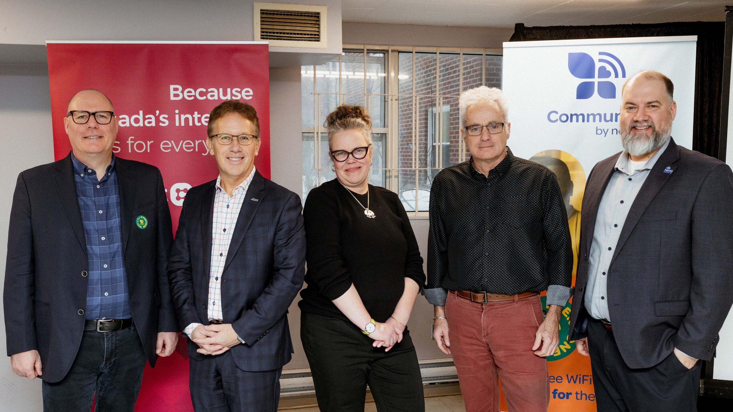 L to R: Charles Noir, Stéphane Giguère, Shelley Robinson, Brian Gilligan and Charles Berndt announced the launch of CommuniFi to community housing tenants yesterday in Vanier.