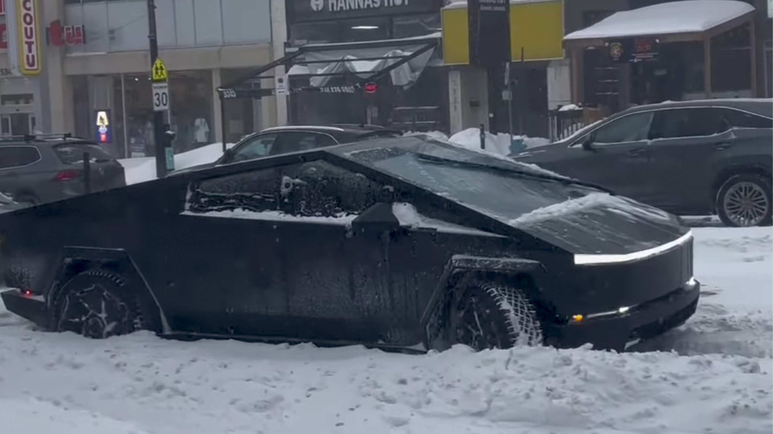 Tesla Cybertruck stuck in snow in montreal, quebec, canada