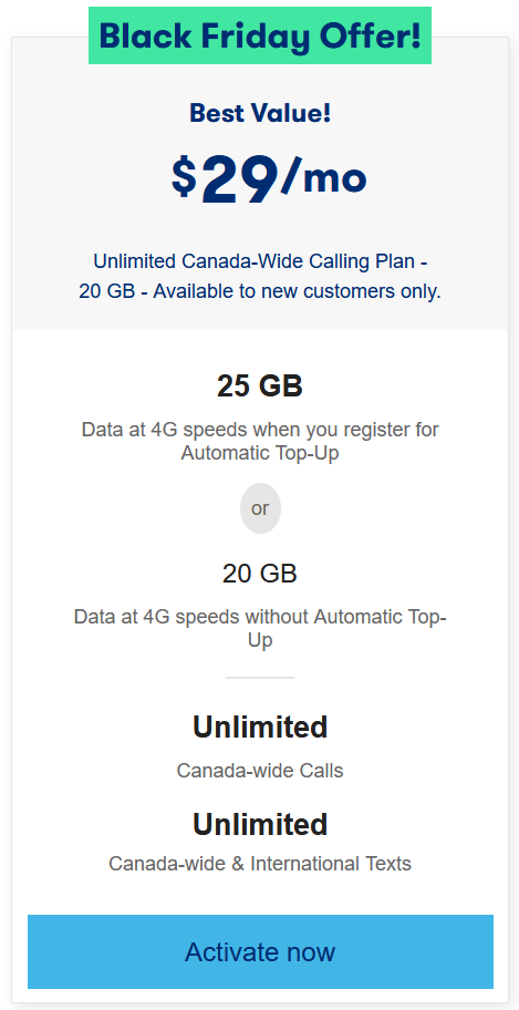 Lucky Mobile 29/25 GB plan on Black Friday.