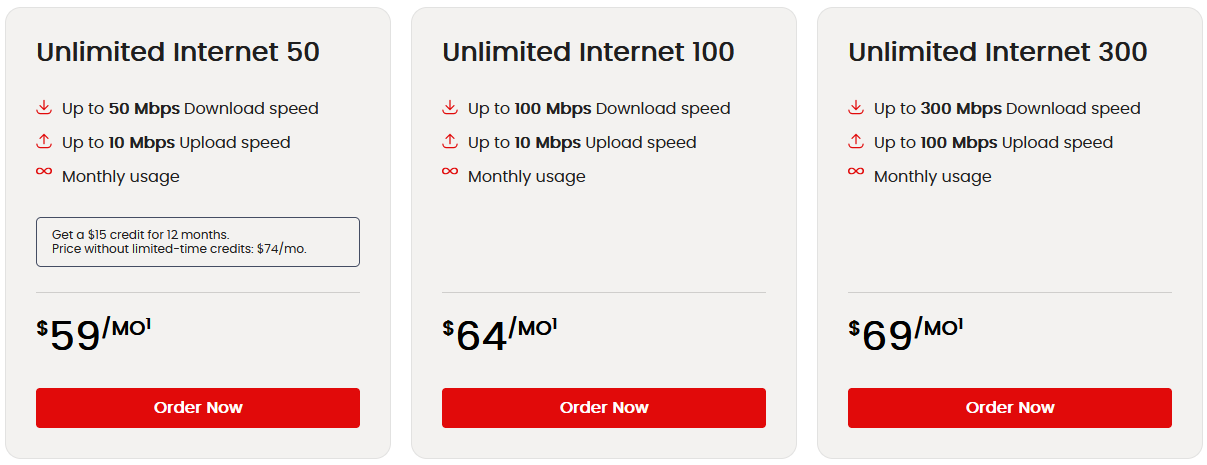 Virgin Plus internet plans as of Jan. 13, 2026.