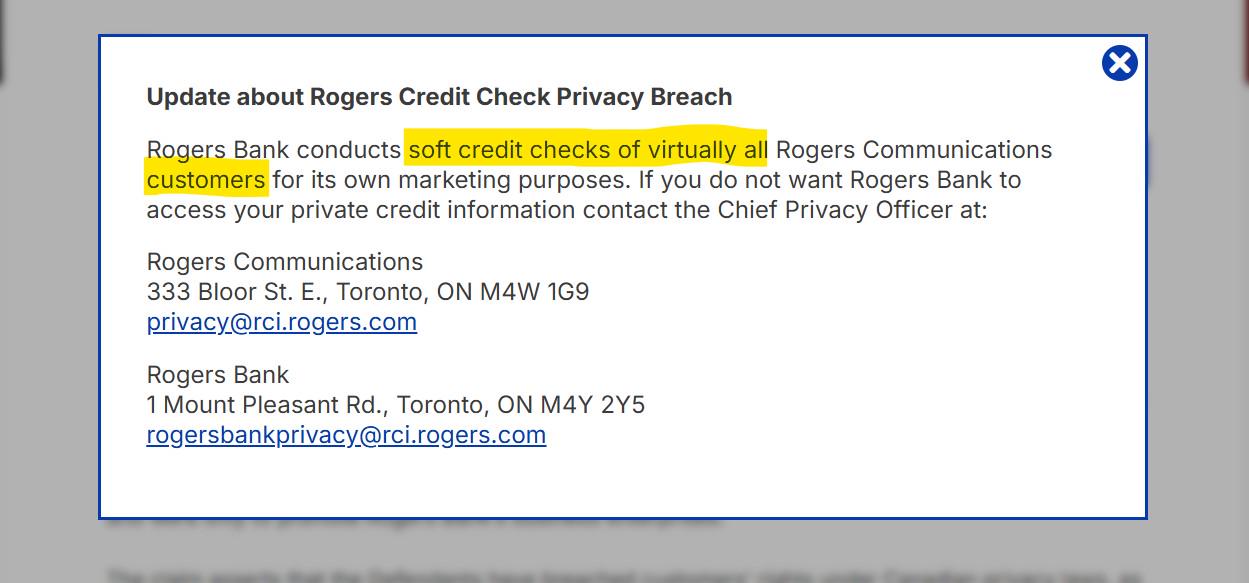 Notice on the Sotos website detailing how to opt out of Rogers' credit checks.