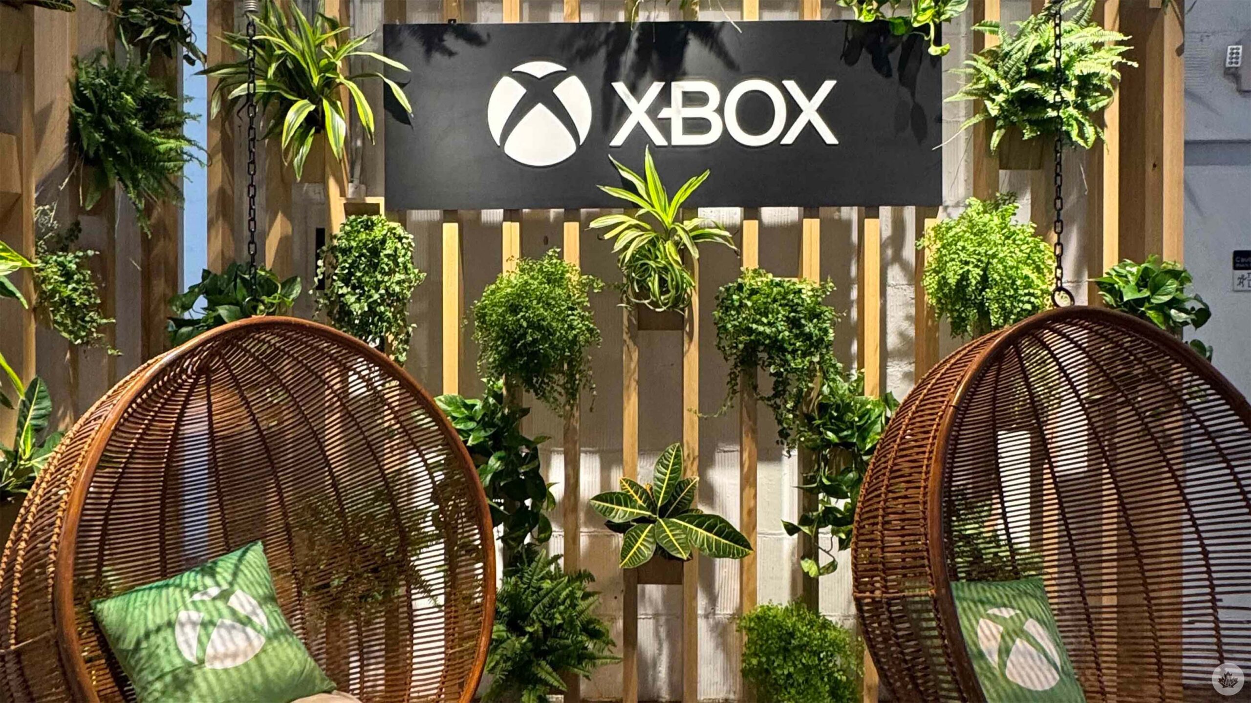Xbox logo surrounded by plants.