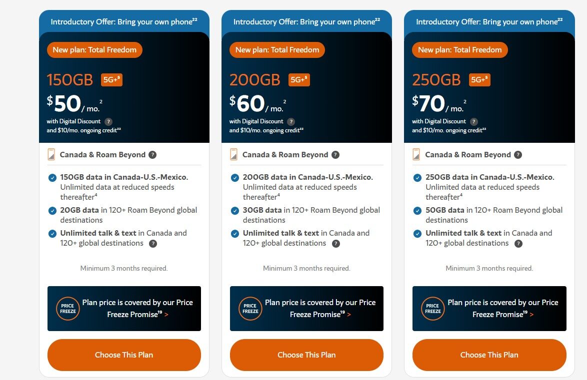 Freedom Mobile website showing introductory offers
