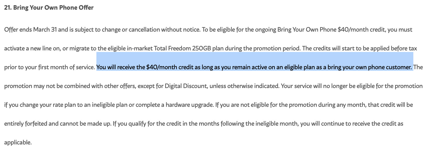 Fine print for Freedom's $40/250GB plan.