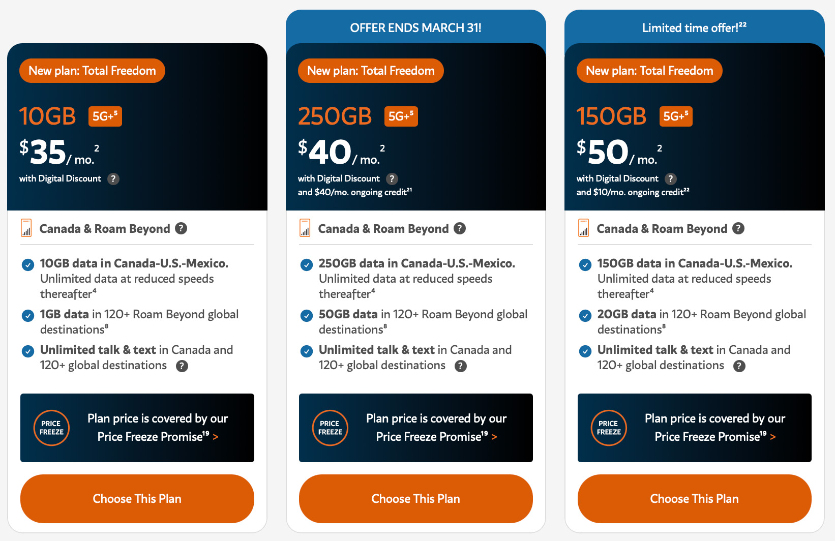 Freedom Mobile plans as of March 26, 2026.