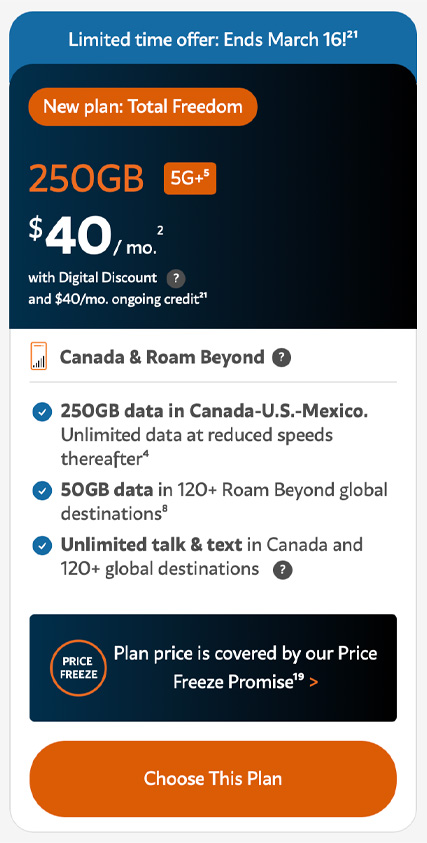 Freedom Mobile $40/250GB plan as of March 13, 2026.
