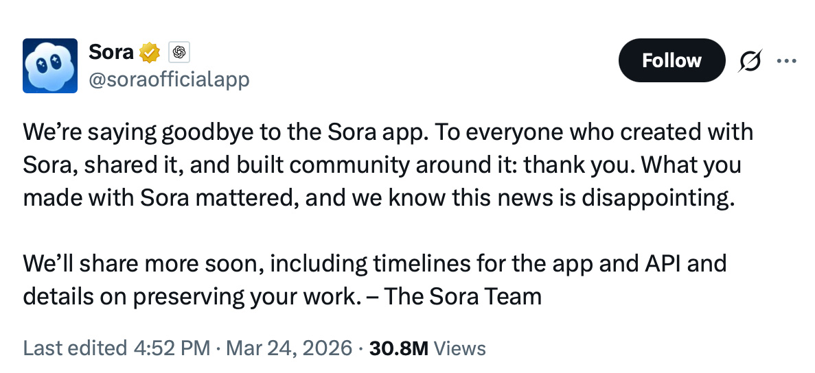 Tweet from OpenAI's Sora account about the app's shutdown.