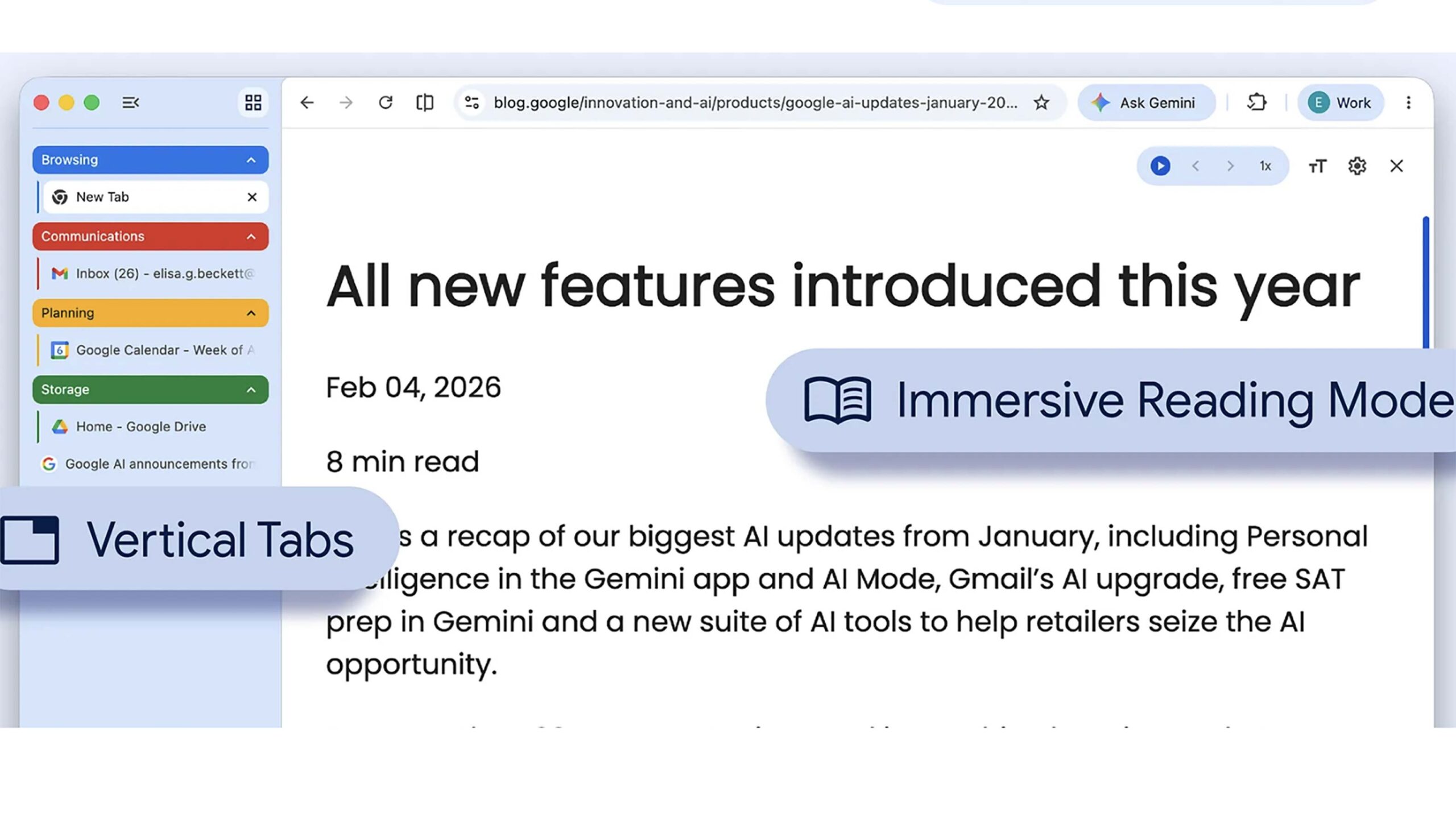Google Chrome new features vertical tabs and immersive reading mode