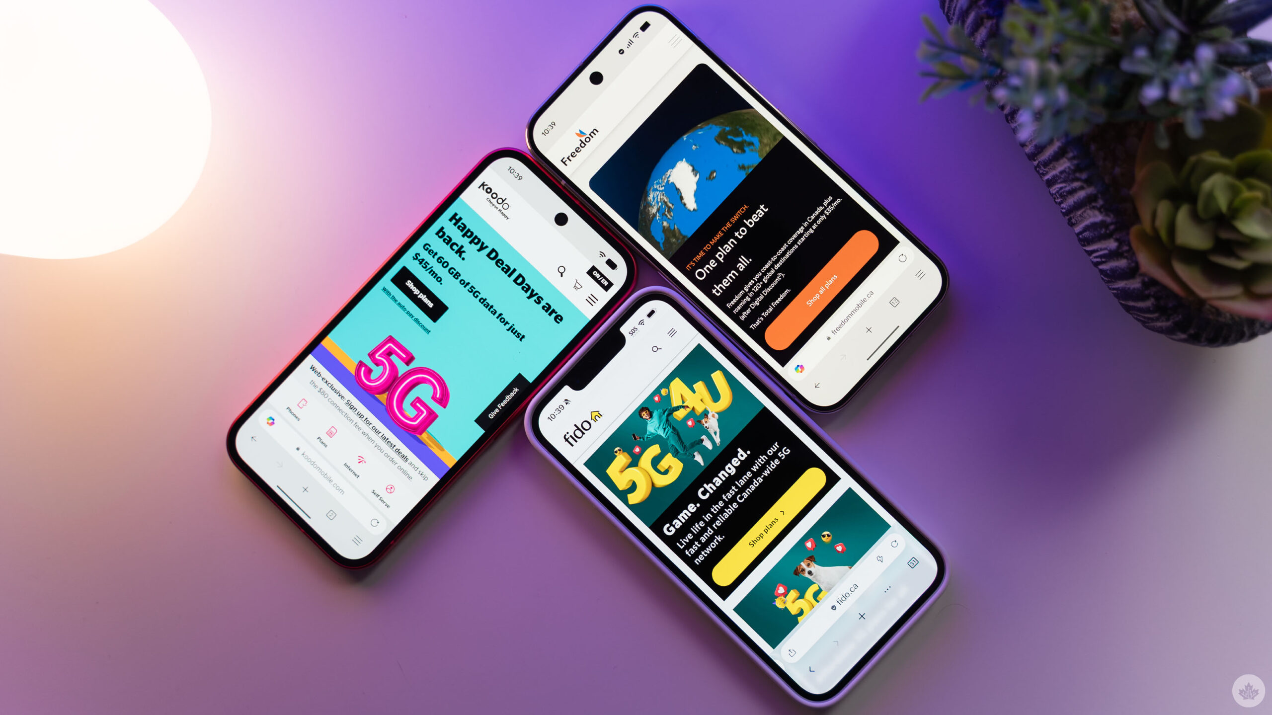Koodo, Fido, and Freedom Mobile websites on phones.