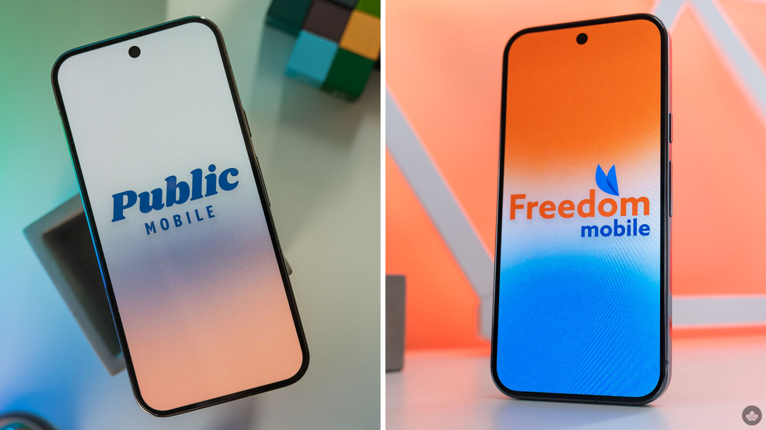Public Mobile and Freedom Mobile logos on phones.