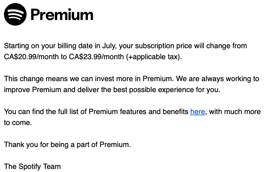 Spotify email detailing Canadian price increase.