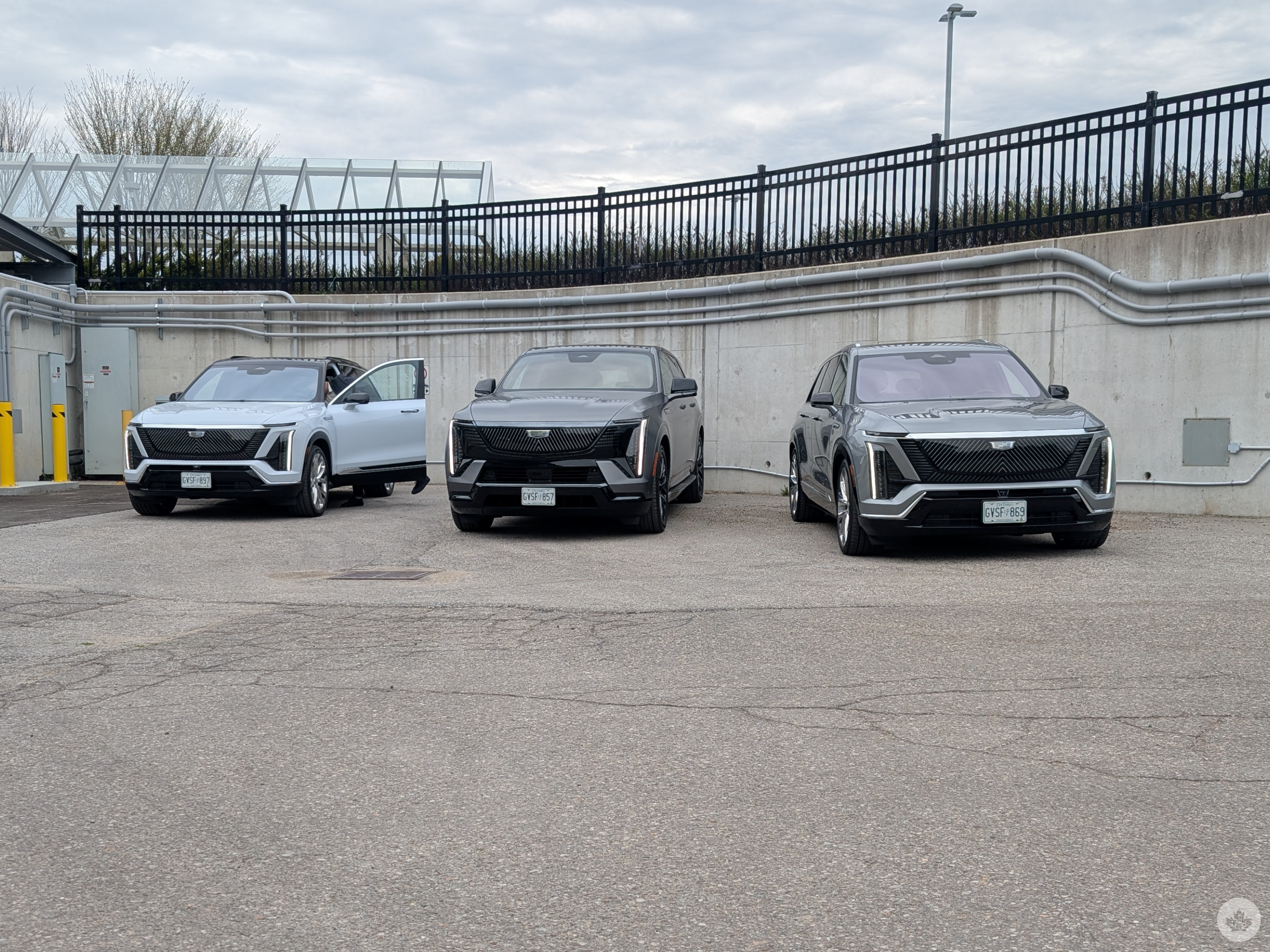 A row of Cadillac vehicles used for demonstrating Dolby Atmos outside of the General Motors Markham Elevation Centre