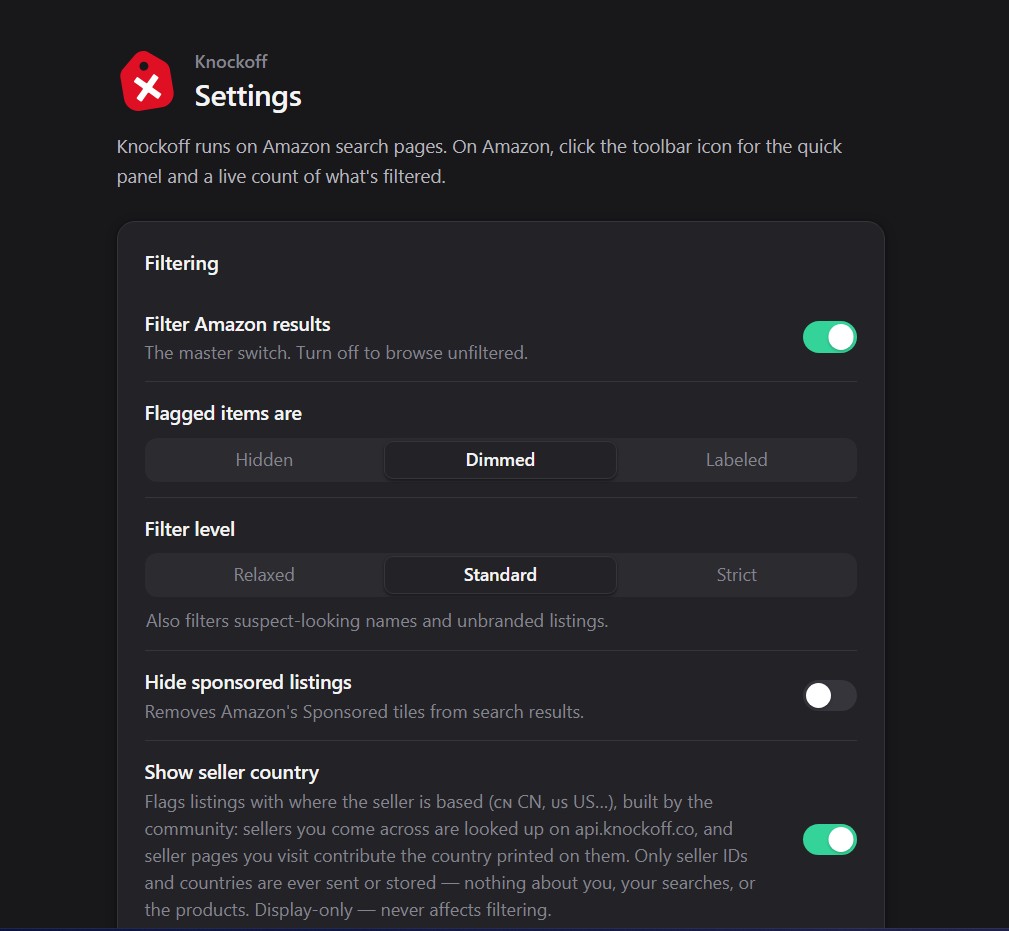 the settings for the Knockoff web extension