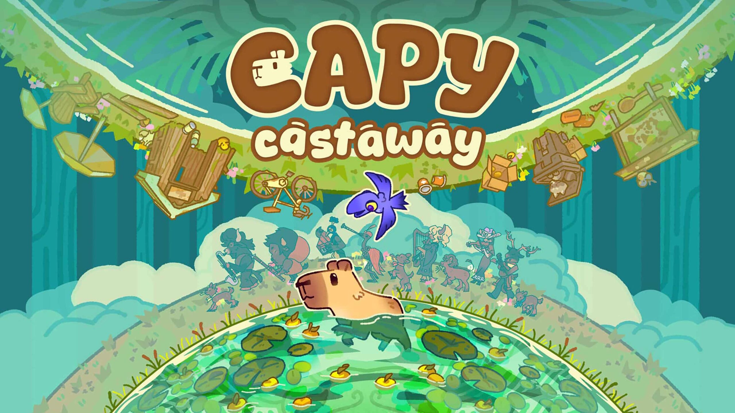 Capy Castaway key art featuring Capy the capybara and Corvi the crow running