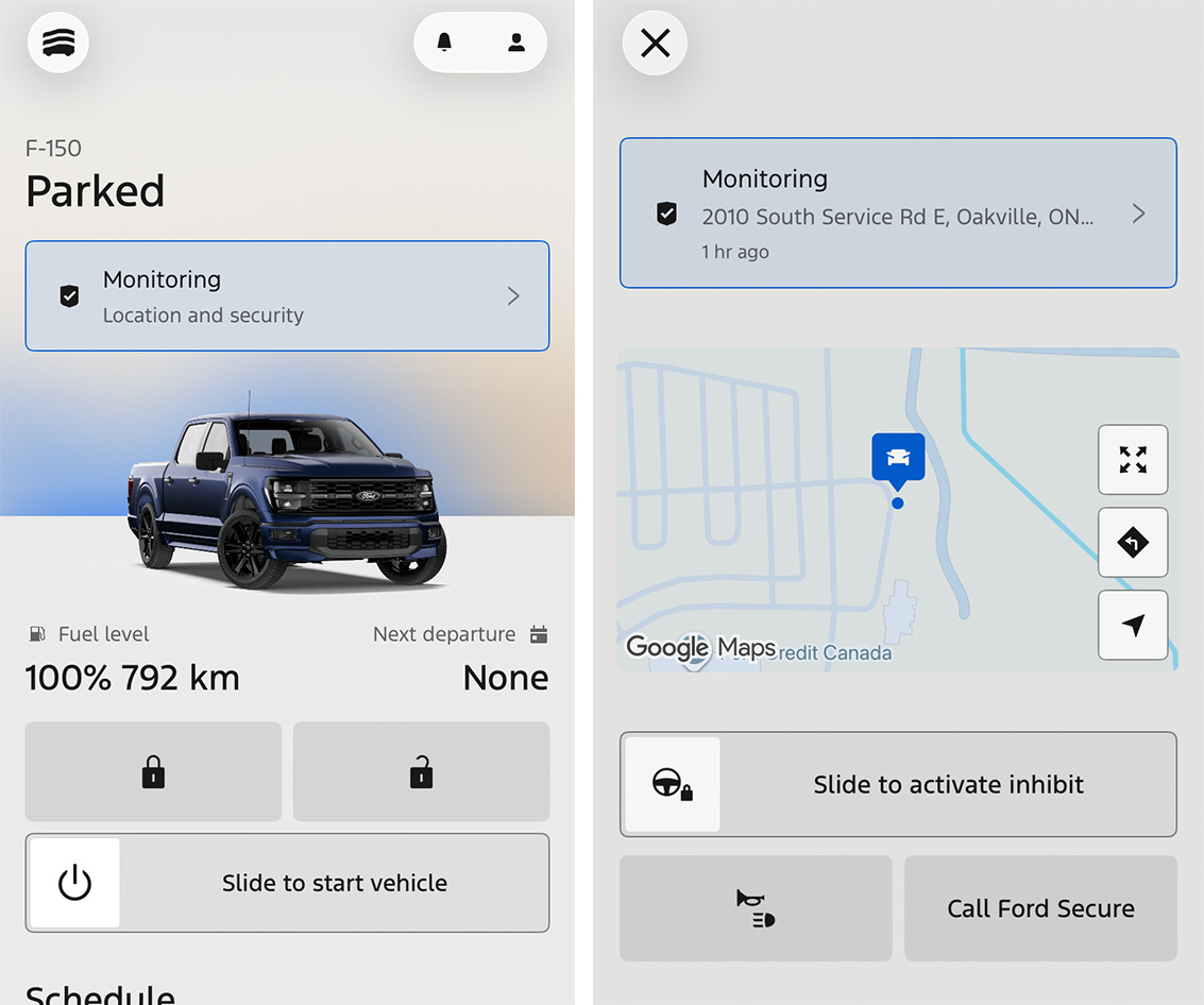 Screenshots of the Ford app and start inhibit.