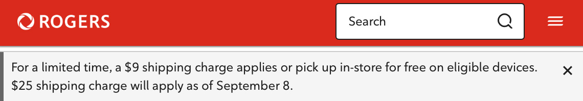 Rogers notification detailing changes to the shipping fee.