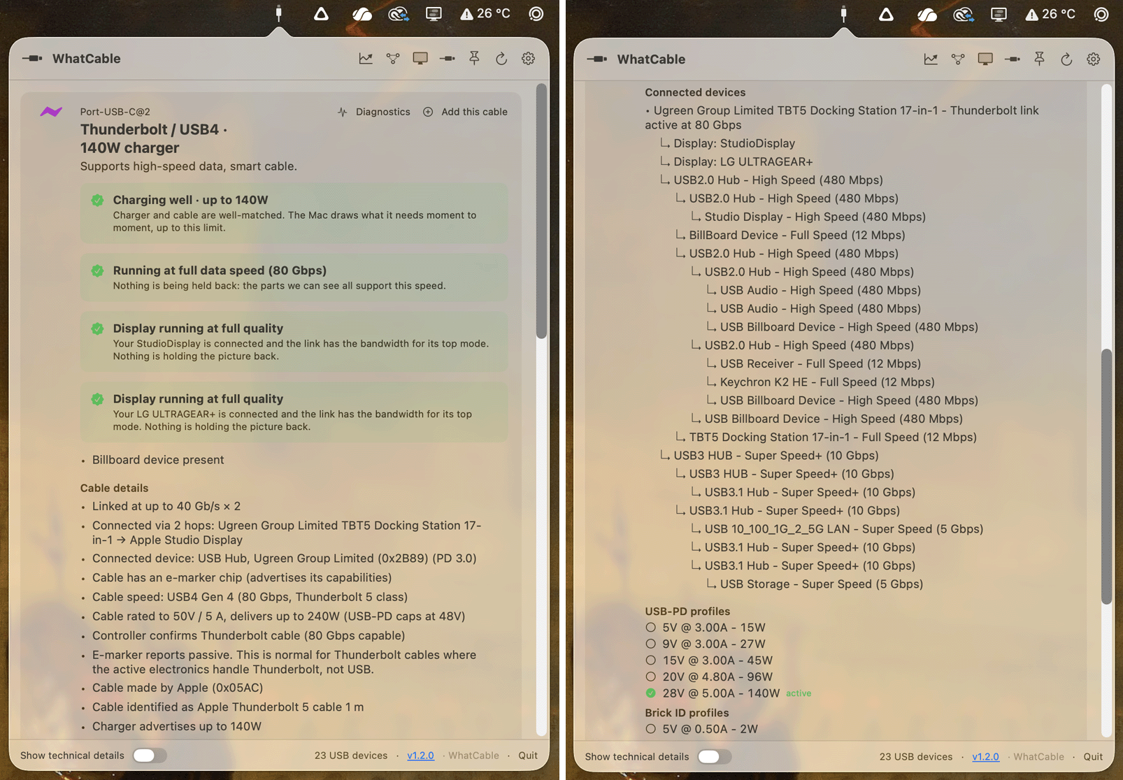 Screenshots of WhatCable's menu bar shortcut. 