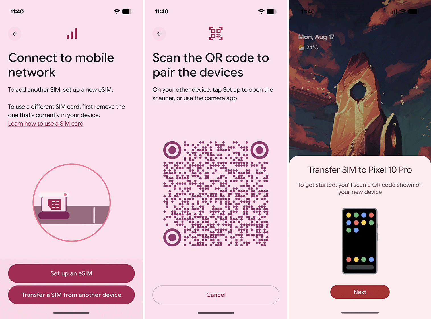 Screenshots of the eSIM transfer process on Pixel phones.