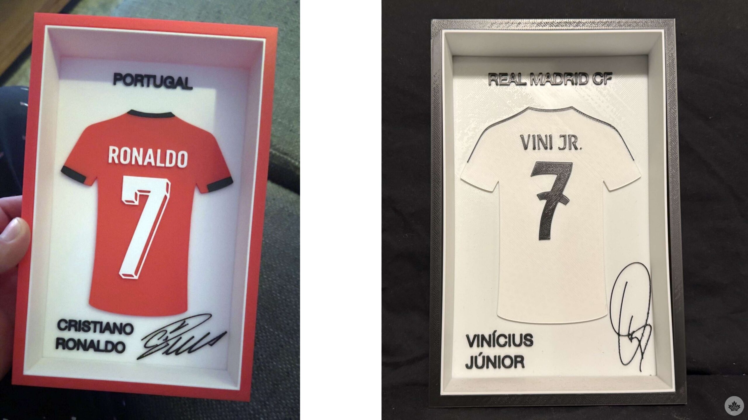 An image highlighting 3d prints of Cristiano Ronaldo and Vinicius Jr.'s jerseys.