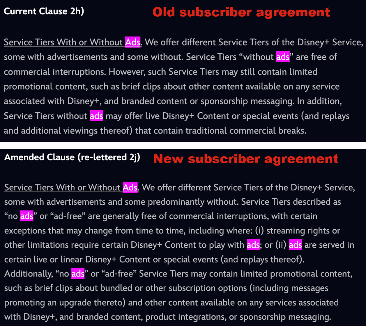Screenshots of the old (top) and new (bottom) Disney+ subscriber agreements.
