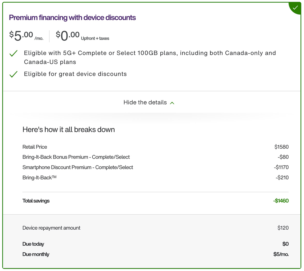 Telus Pixel 10 Pro financing as of Sept. 21, 2026.